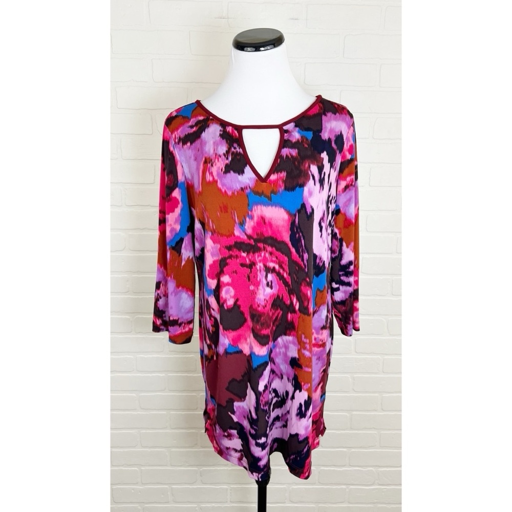 Taylor Floral Keyhole Stretchy 3/4 Sleeve Long Tunic Top Pink Purple Size 0X